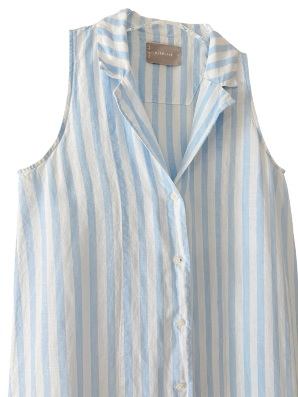 100% Linen Everlane Midi Sleeveless Button Front Shirt Dress Blue Striped
Size 2